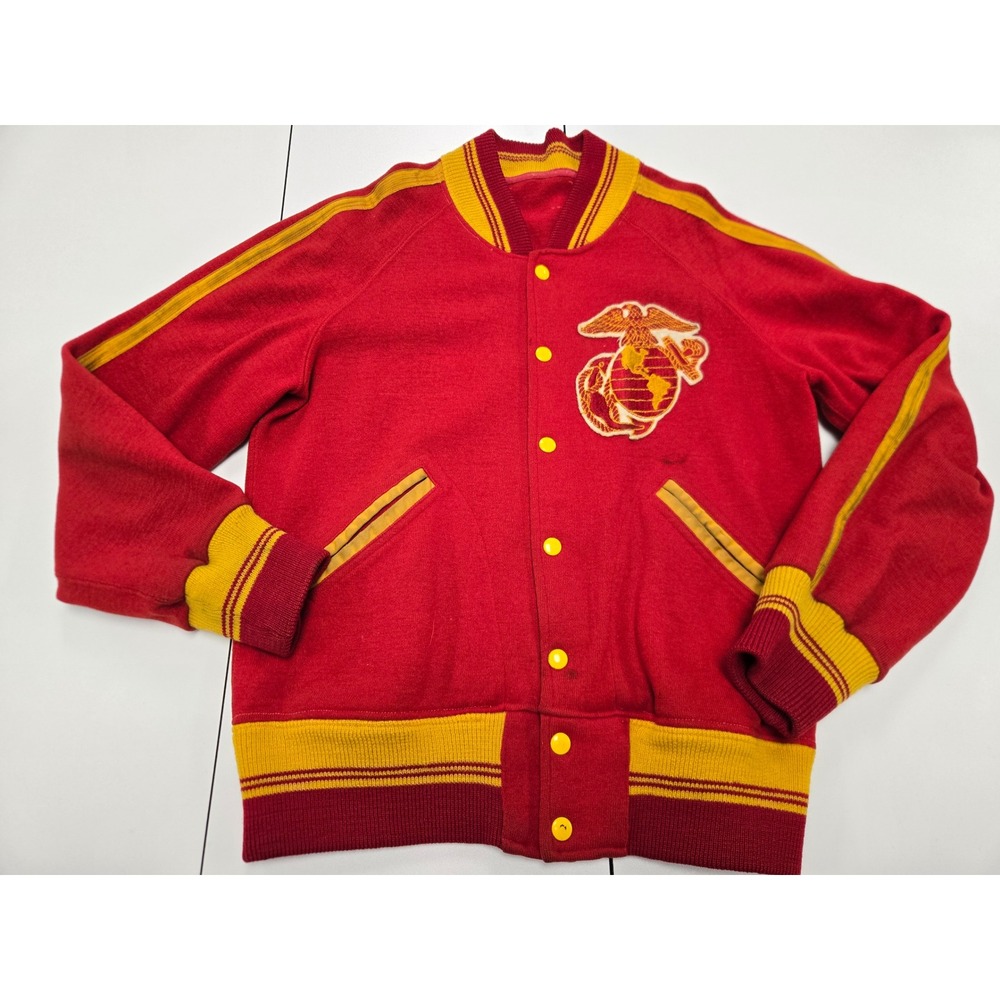 Vintage 50s US Marines Varsity Jacket Red Yellow Wool Blend Snap Letterman USMC